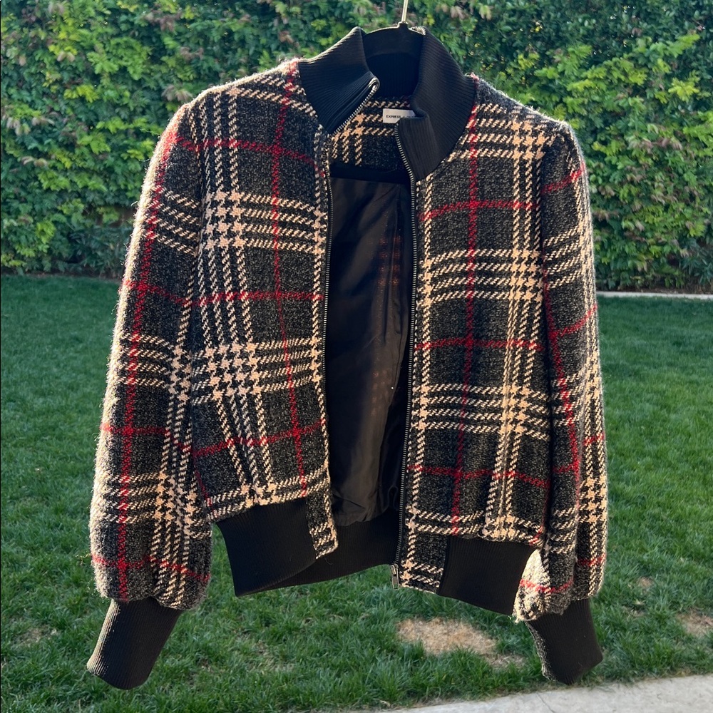 Express x Negin Mirsalehi 
Black and Red Plaid Bomber Jacket